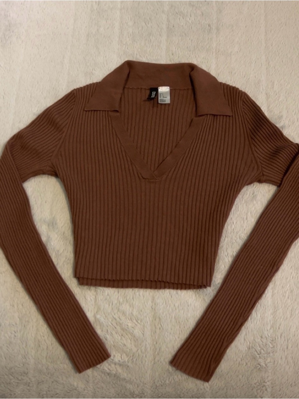 H&M Ribbed Long-Sleeve Polo Crop Top in Brown